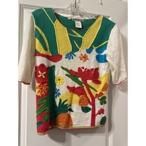 Nancy Bolen Ramie Cotton Tropical Sweater M Floral Fruit Applique